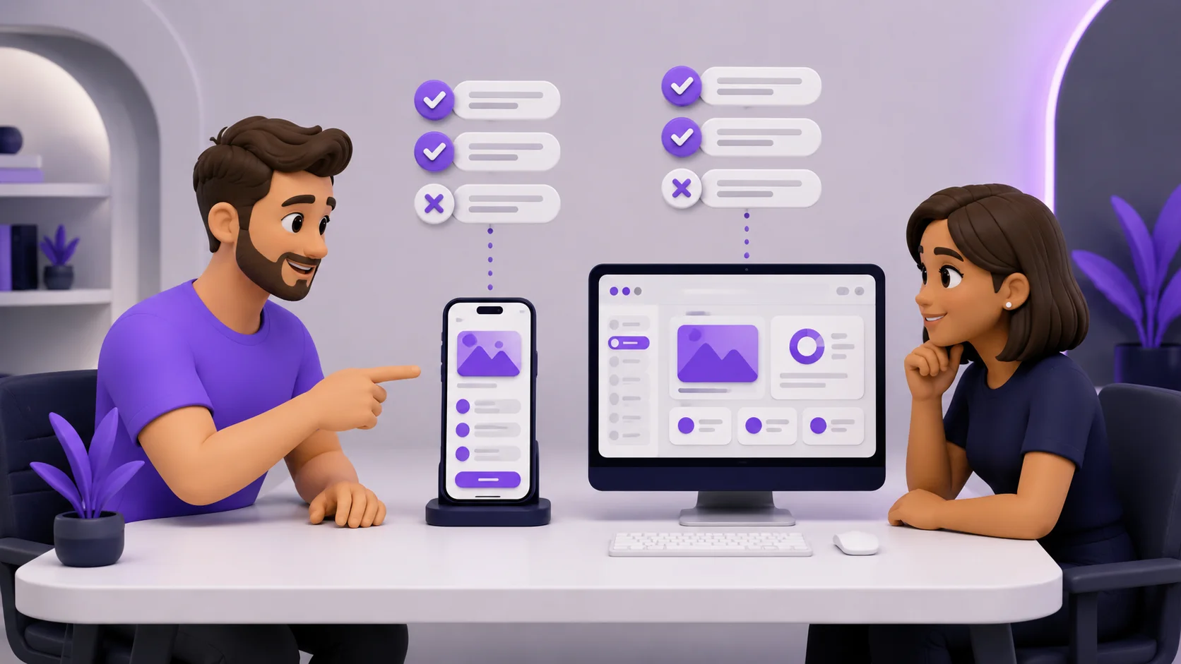 Duas pessoas comparando lado a lado um celular e uma tela de computador sobre uma mesa, com elementos visuais de prós e contras