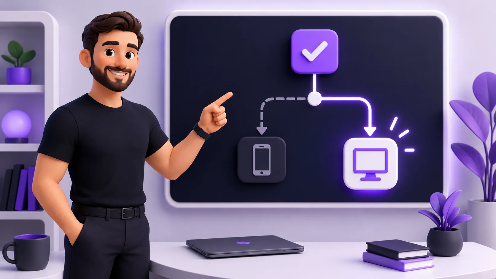 Pessoa confiante apontando para um quadro com um fluxograma simples de decisão entre app e sistema web