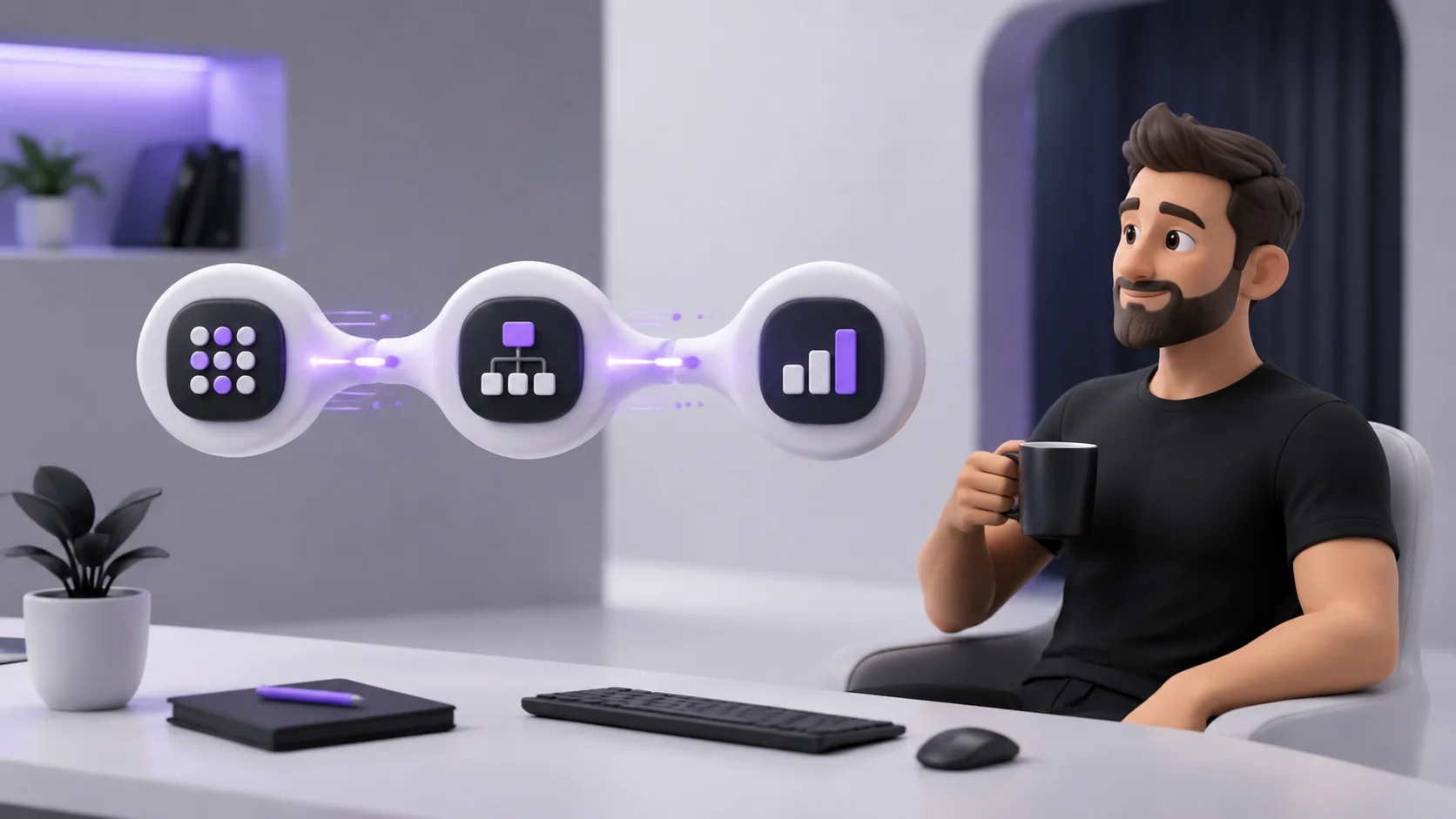 Três painéis conectados por linhas brilhantes flutuando sobre uma mesa, representando um fluxo automatizado entre etapas
