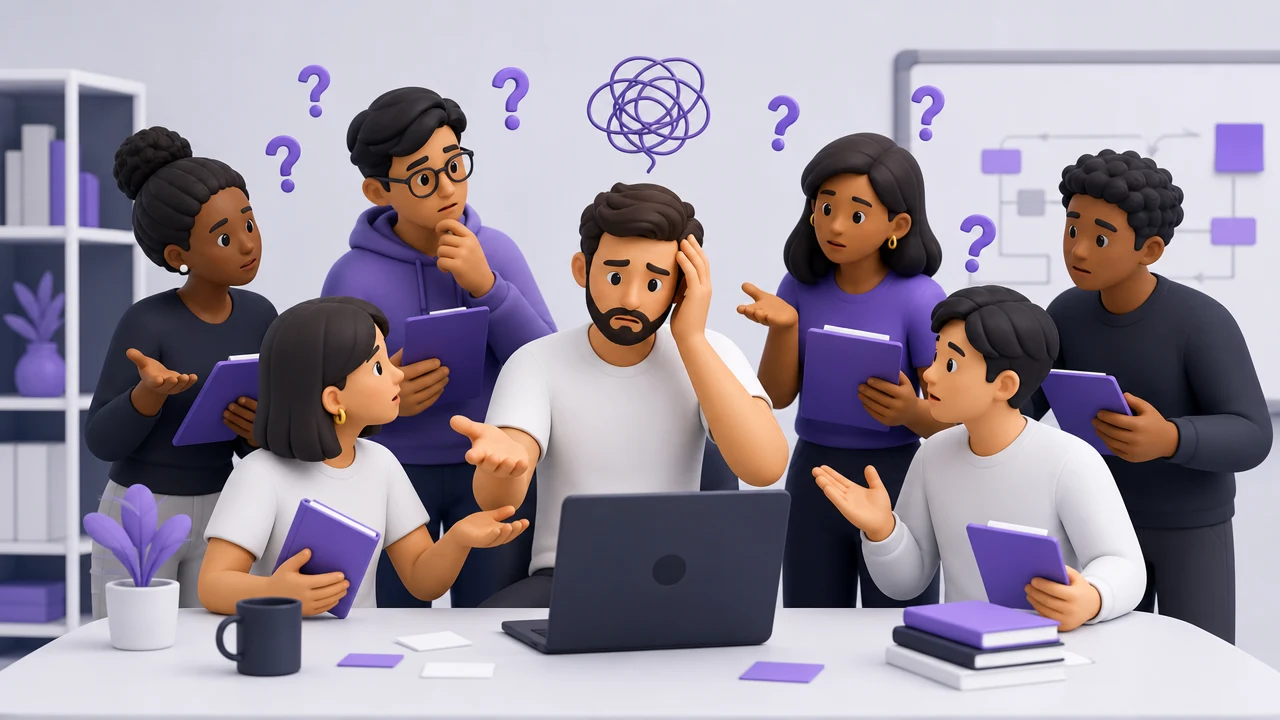 Pessoa estressada no centro com várias outras pessoas novas chegando ao redor, todas ainda confusas e dependendo dela, representando que contratar mais gente não resolve um processo mal definido