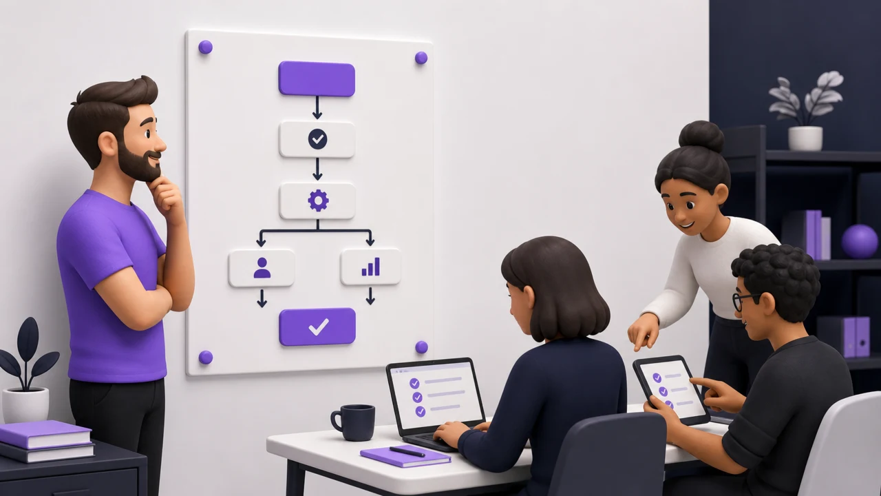 Pessoa aliviada observando um fluxograma simples e claro fixado na parede, enquanto a equipe segue os passos sozinha, representando um processo documentado reduzindo a dependência de uma única pessoa