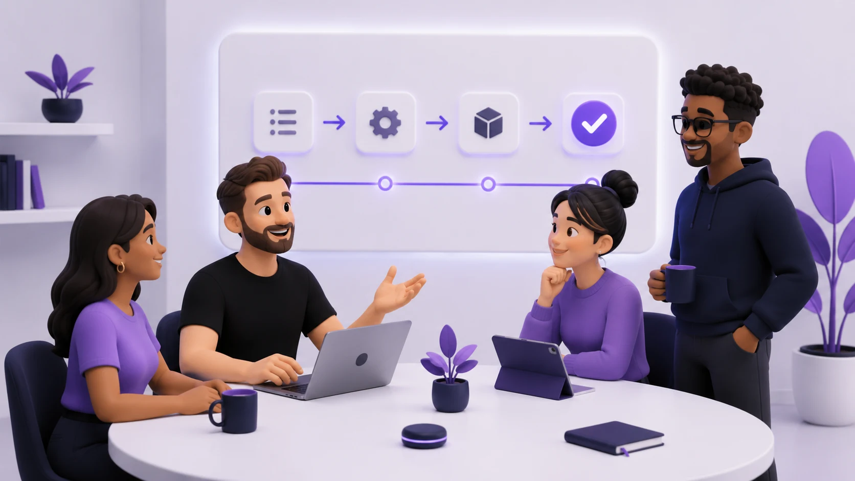 Pequena equipe relaxada e sorrindo ao redor de uma mesa, com um painel simples de processo ao fundo, representando uma equipe aliviada depois que os processos ficaram claros
