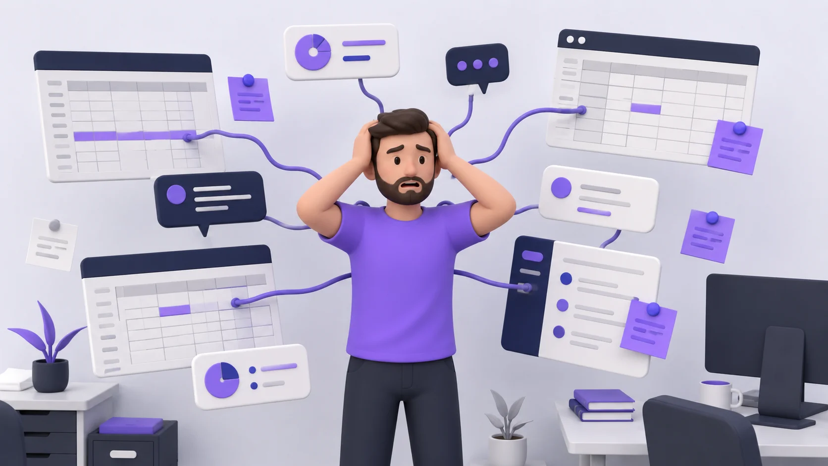 Pessoa estressada entre planilhas, balões de chat e post-its flutuando em direções diferentes, representando informação espalhada