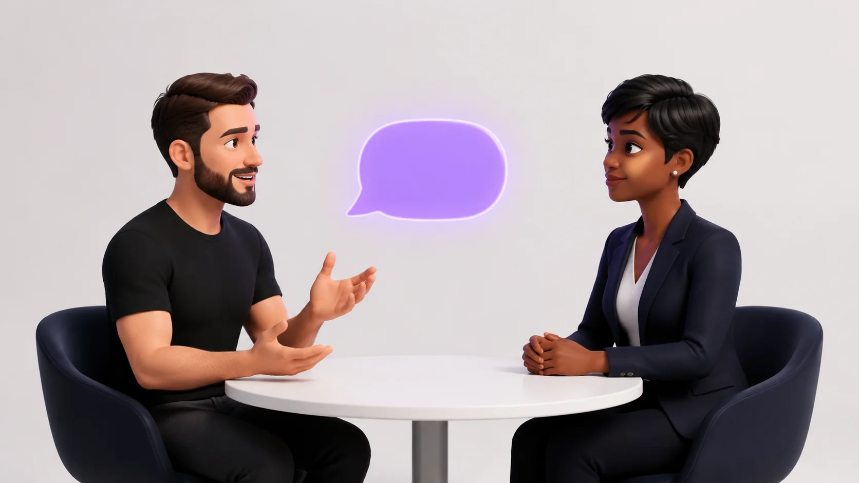 Duas pessoas conversando em uma mesa com anotações e um mapa de processo sendo desenhado, representando a etapa de descoberta