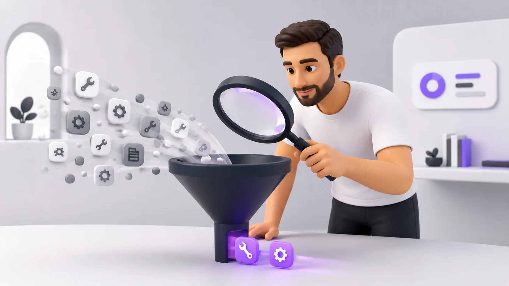 Pessoa segurando uma lupa observando apenas algumas novidades de IA passarem por um filtro simples, enquanto a maioria fica de fora, representando um critério prático para separar sinal de ruído