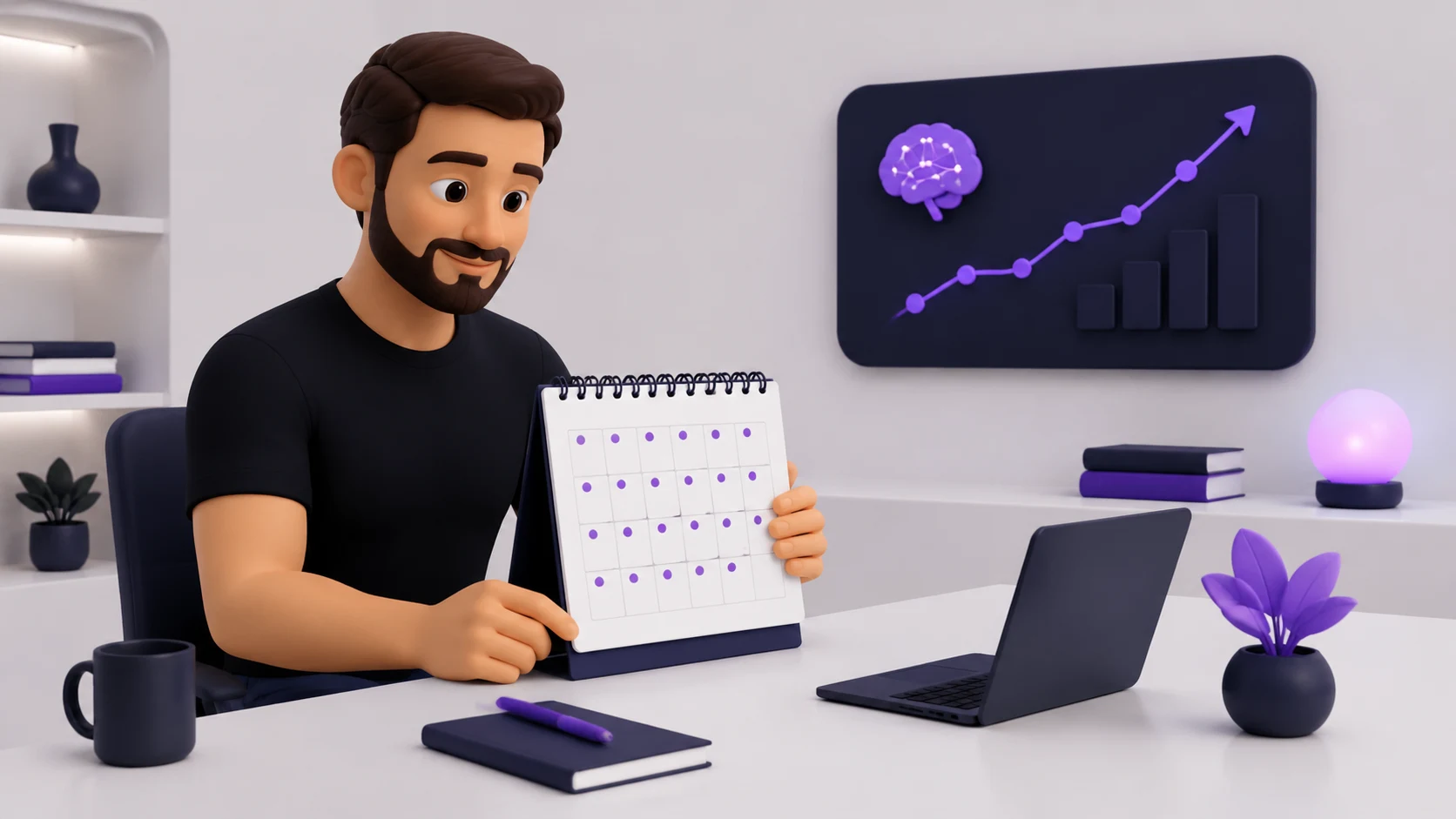 Pessoa calma e organizada revisando algumas novidades de tecnologia uma vez por mês em uma agenda simples, em vez de reagir a cada notificação, representando uma rotina sustentável de se manter atualizado sobre IA