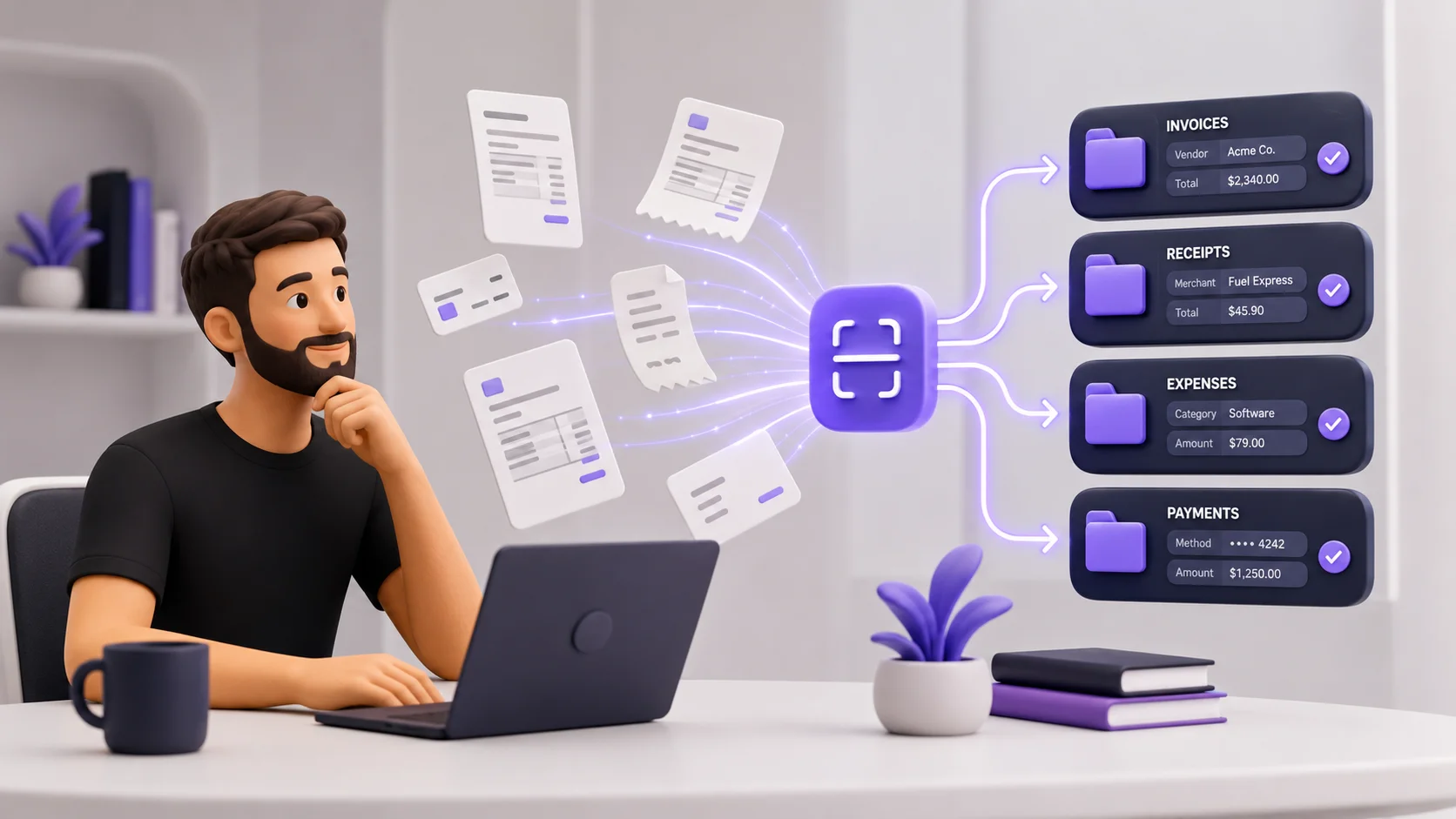 Pessoa observando documentos sendo escaneados e organizados automaticamente em categorias, com dados sendo extraídos