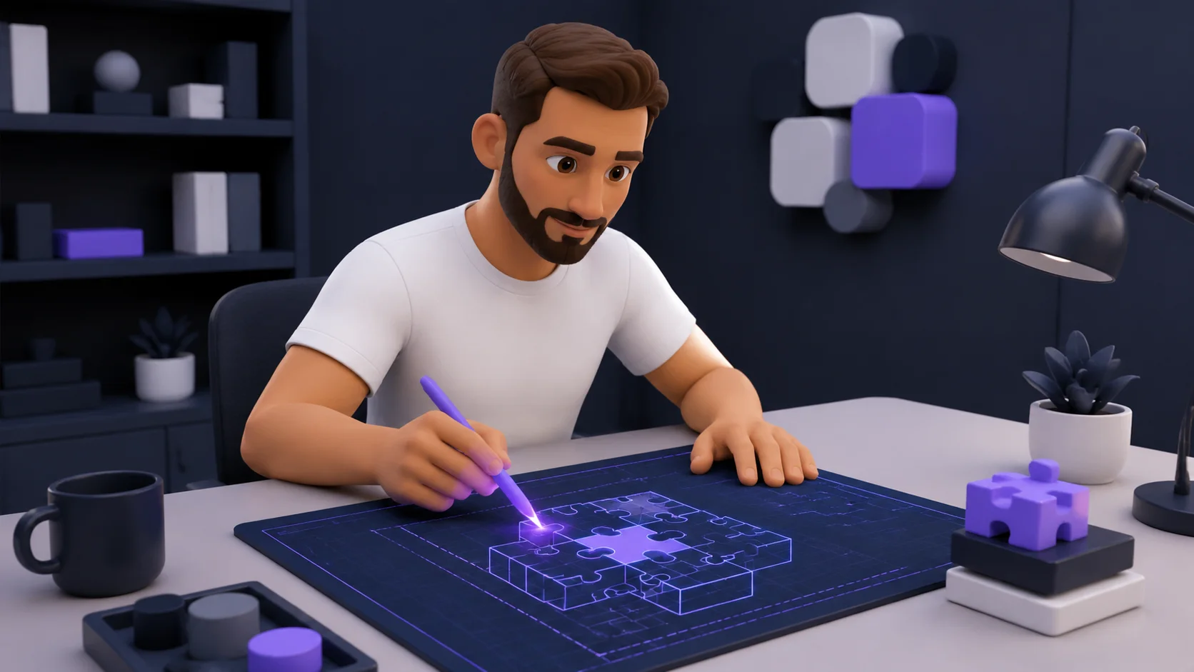 Pessoa desenhando uma planta arquitetônica de um sistema sob medida em uma mesa de trabalho, com peças geométricas se encaixando