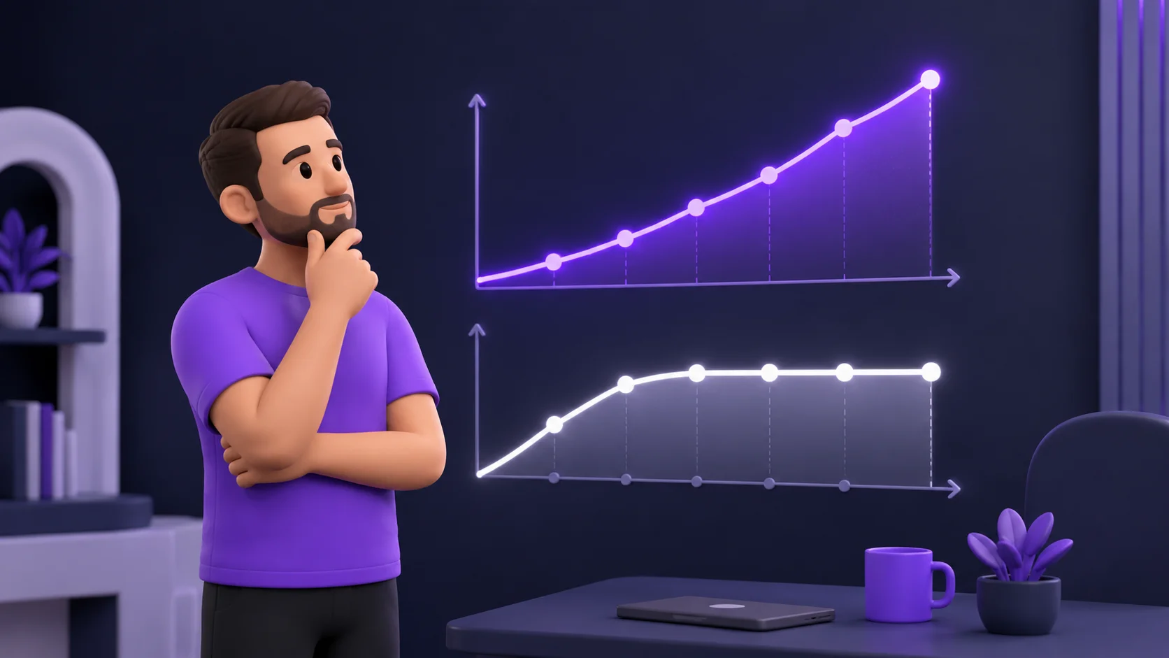 Pessoa observando dois gráficos de custo ao longo do tempo, um crescendo rapidamente e outro estabilizando, representando o custo acumulado de cada caminho