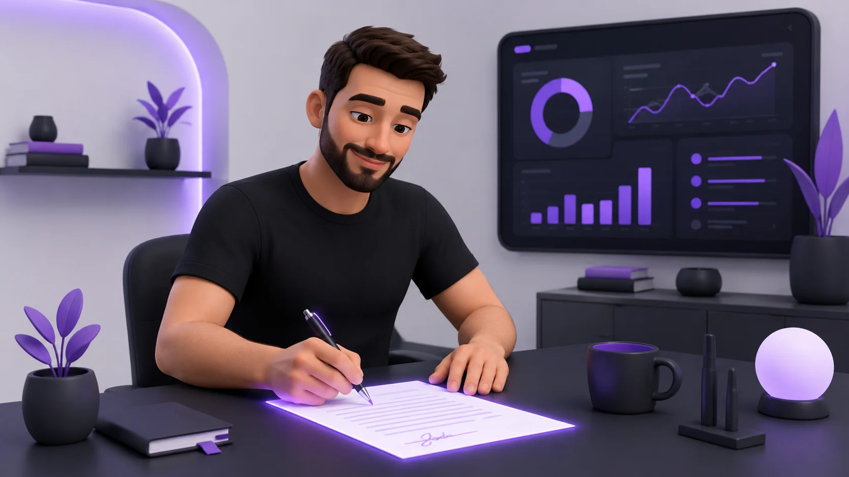 Pessoa confiante assinando um documento de decisão em uma mesa, com um sistema funcionando em uma tela ao fundo