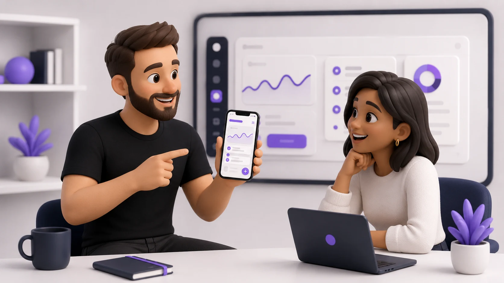 Pessoa satisfeita mostrando um protótipo simples de aplicativo em um celular para outra pessoa, representando validação rápida de uma ideia com vibe coding