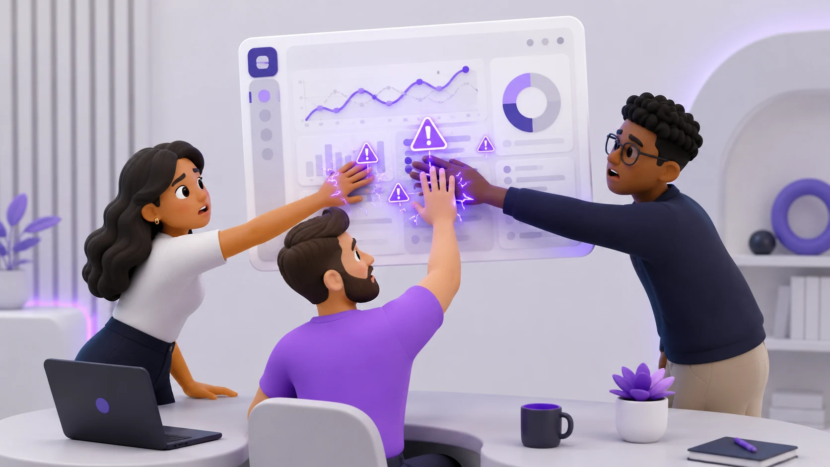 Pequeno grupo de pessoas usando o mesmo painel de sistema ao mesmo tempo, com ícones de conflito de dados aparecendo, representando o sistema falhando ao escalar para mais usuários