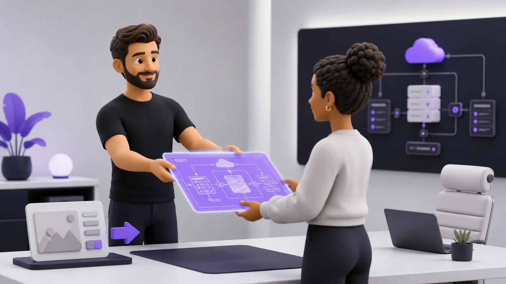 Pessoa confiante entregando uma planta técnica organizada a outra pessoa, representando a transição de um protótipo de vibe coding para uma arquitetura sólida com apoio especializado