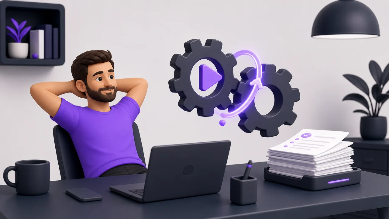 Pessoa relaxada na cadeira enquanto engrenagens com um ícone de play giram sozinhas sobre a mesa, representando um processo automatizado
