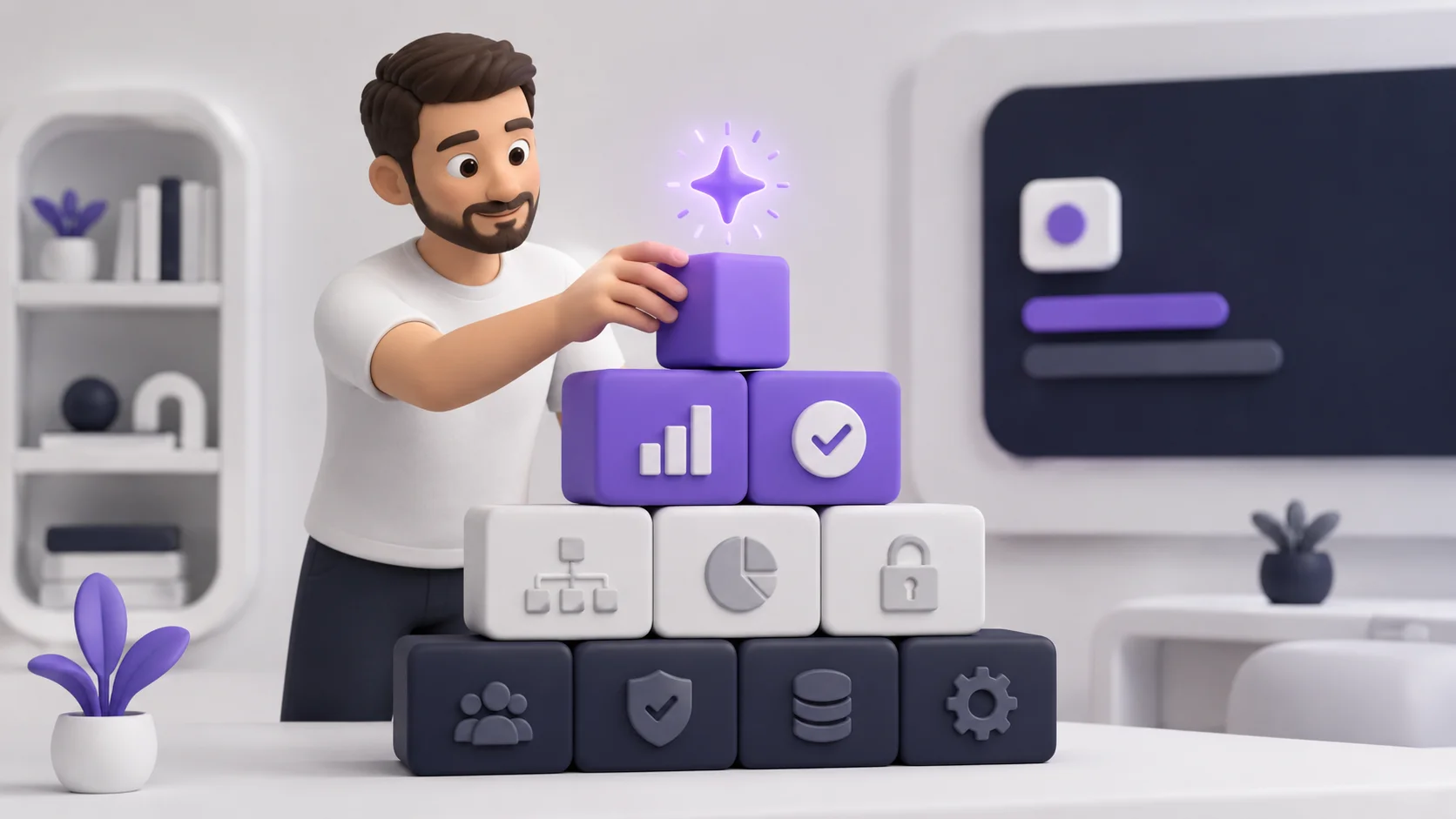 Pessoa construindo uma base sólida de blocos organizados antes de adicionar um elemento brilhante de IA no topo, representando os pré-requisitos para usar IA