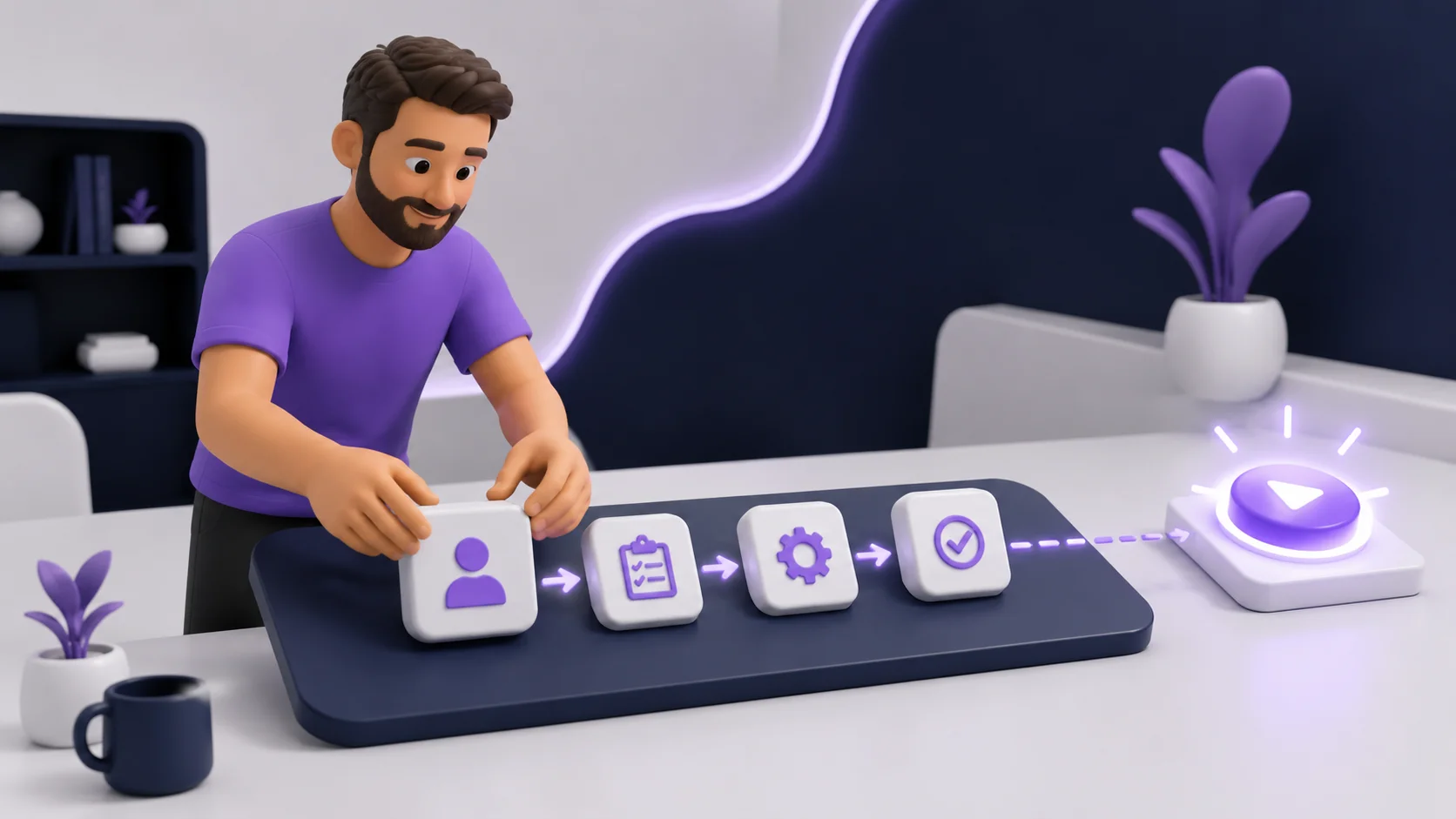 Pessoa organizando um processo em etapas padronizadas em um quadro antes de acionar um botão de automação, representando padronizar antes de automatizar