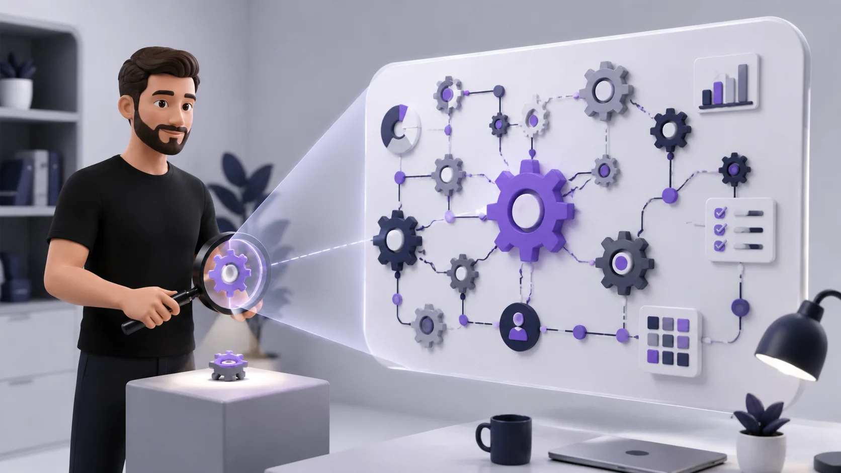 Pessoa afastando a câmera de uma tarefa pequena para revelar um mapa maior da operação inteira, representando ver o quadro completo antes de automatizar
