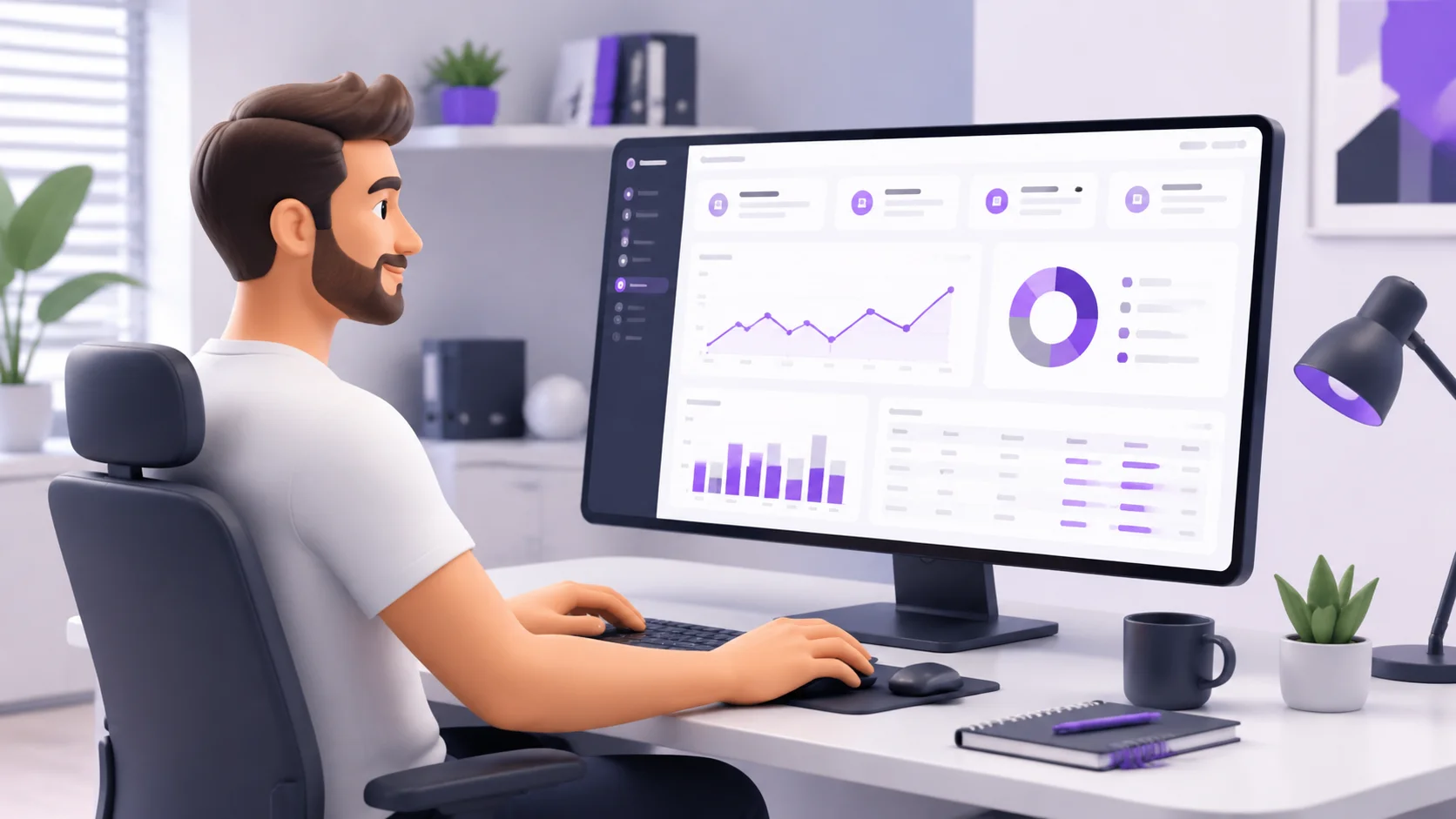 Pessoa em um escritório olhando para um painel de dashboard em uma tela de computador grande, com gráficos e tabelas