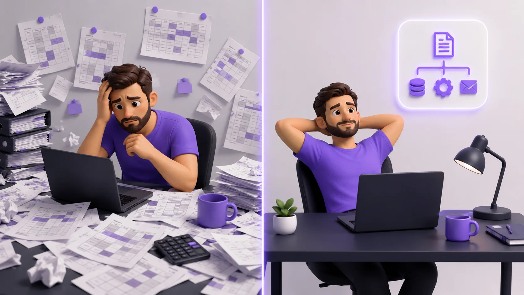 Comparação lado a lado: à esquerda uma pessoa estressada com papéis espalhados, à direita a mesma pessoa relaxada com um painel automatizado