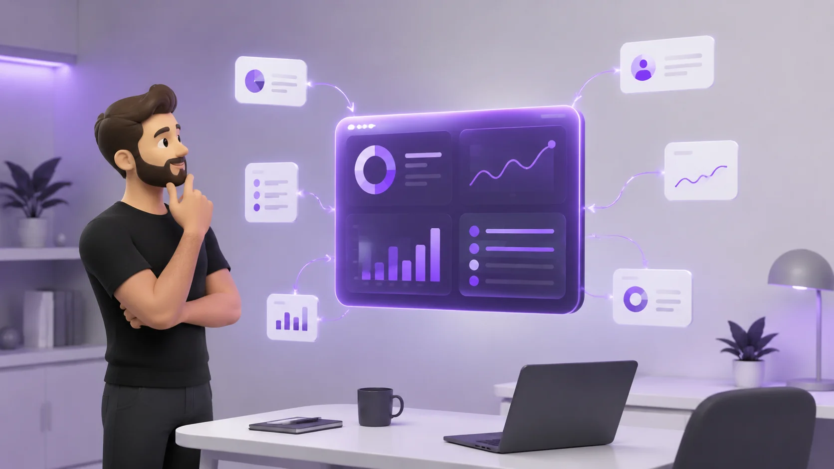 Painel de dashboard brilhante flutuando com painéis menores de dados conectados a ele, representando uma plataforma central