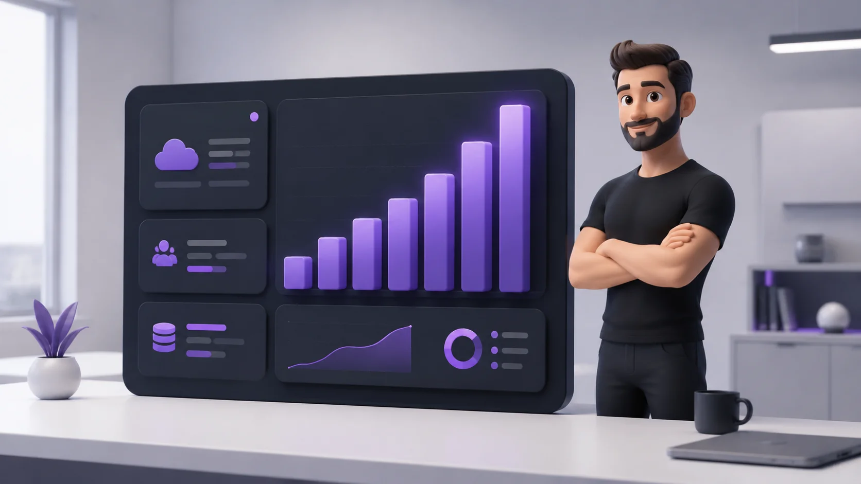 Painel de dashboard crescendo com barras luminosas subindo, pessoa confiante observando ao lado, representando uma operação que escala