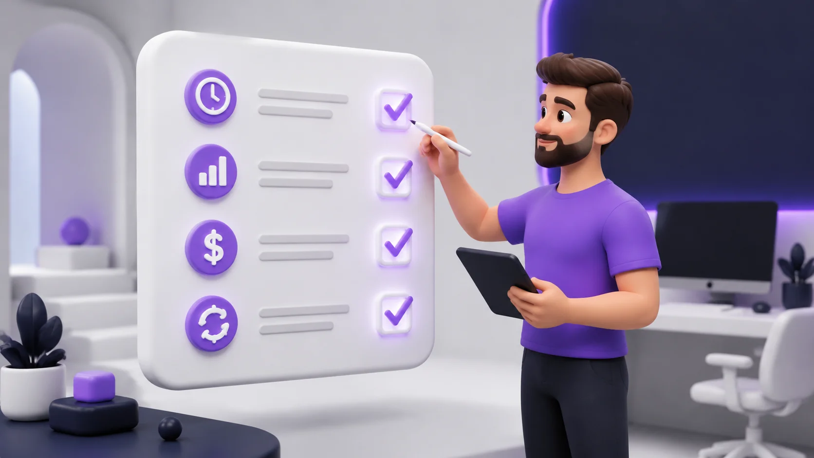 Pessoa marcando itens em uma lista de verificação flutuante com quatro critérios, representando os sinais de que vale automatizar