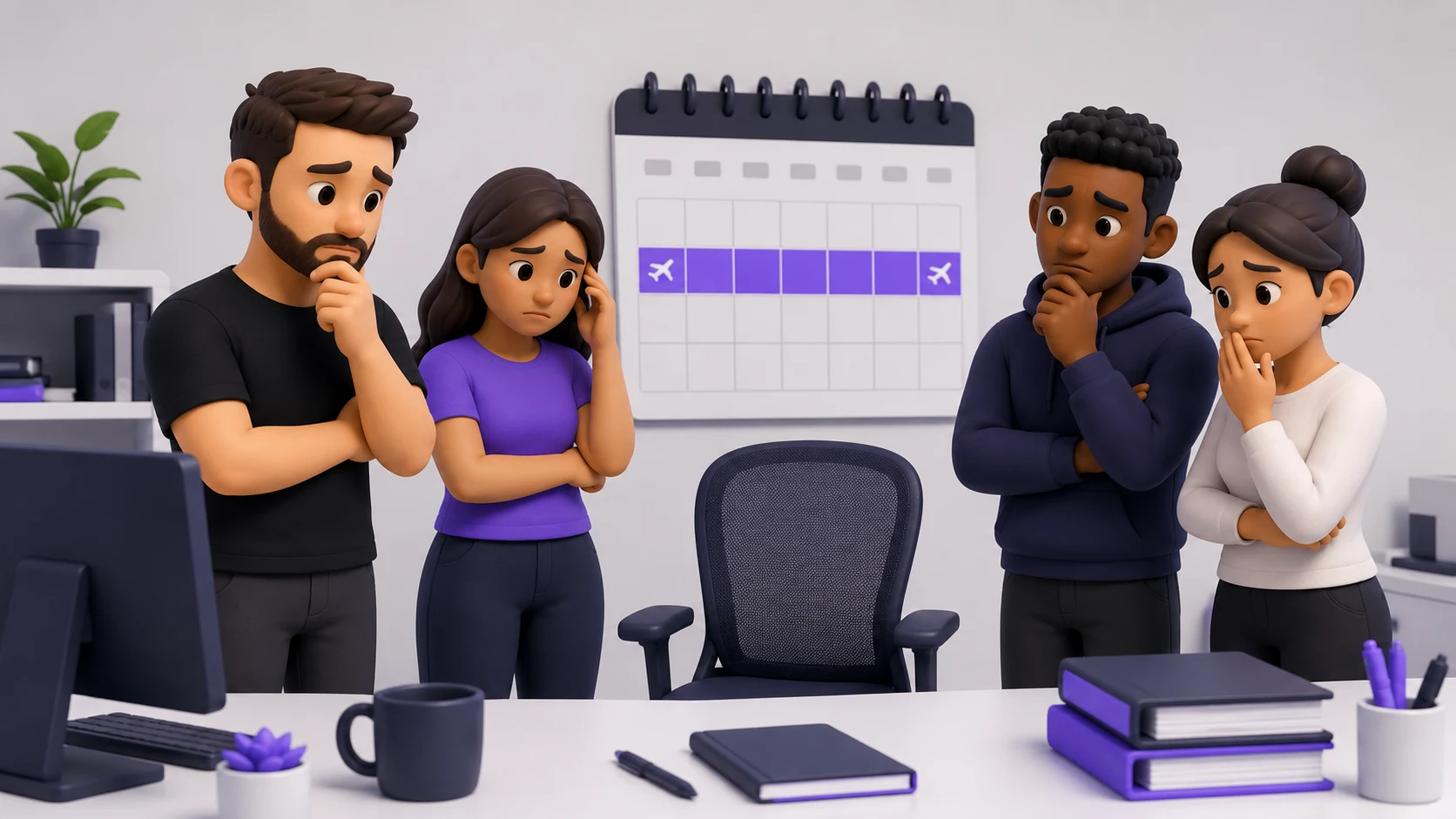 Equipe observando uma cadeira vazia com expressão de preocupação, enquanto um calendário ao fundo mostra férias marcadas, representando o pânico operacional quando a pessoa-chave está ausente