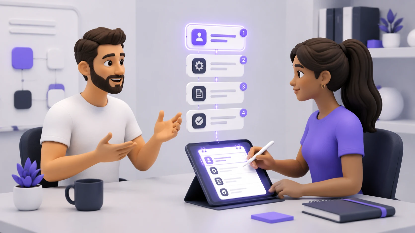 Duas pessoas conversando enquanto uma documenta o processo da outra em um caderno digital, com ícones de etapas aparecendo organizados, representando a documentação do conhecimento de uma pessoa-chave