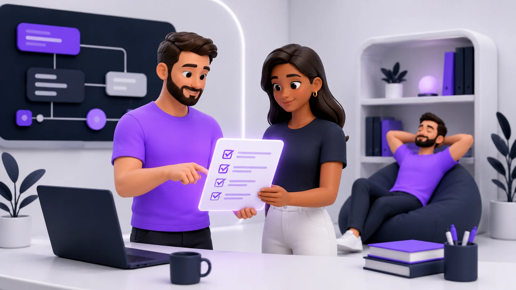 Duas pessoas resolvendo um problema técnico com confiança usando um checklist documentado, enquanto a pessoa-chave original observa relaxada ao fundo, representando uma equipe que já não depende de uma única pessoa