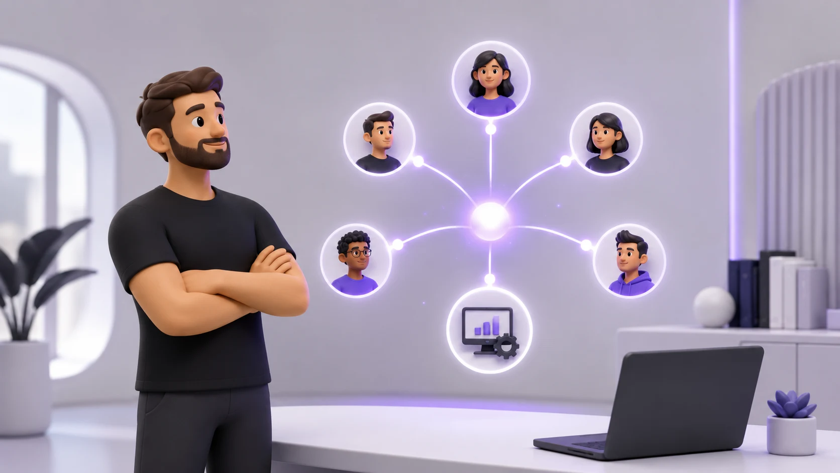 Pessoa confiante observando o conhecimento antes concentrado em um único ponto agora distribuído em vários ícones conectados representando pessoas e sistemas, com um brilho de alívio ao redor, representando conhecimento distribuído na operação