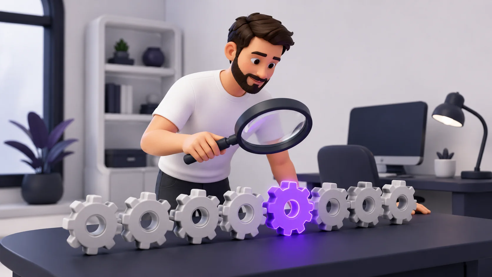 Pessoa segurando uma lupa destacando uma engrenagem entre várias, representando encontrar o gargalo certo