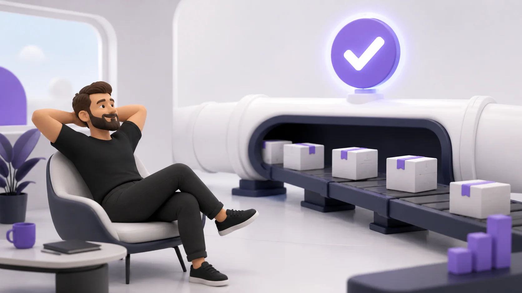 Pessoa relaxada observando pacotes fluindo suavemente por um tubo agora largo, com um ícone de check brilhante, representando o gargalo resolvido