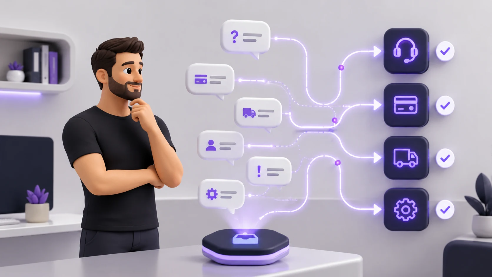 Pessoa observando mensagens de clientes sendo automaticamente classificadas e direcionadas para diferentes ícones de departamento, representando triagem automática bem aplicada