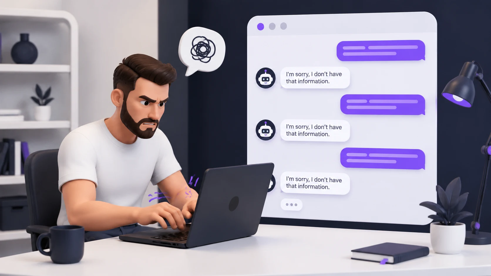 Pessoa frustrada digitando repetidamente para um chatbot que continua respondendo de forma genérica e não resolve o problema, representando IA mal aplicada no atendimento