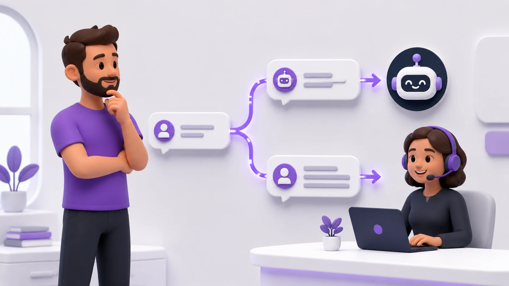 Pessoa observando duas mensagens de clientes sendo separadas automaticamente, uma indo para um ícone de robô e outra indo direto para um atendente humano, representando o roteamento certo entre IA e pessoa