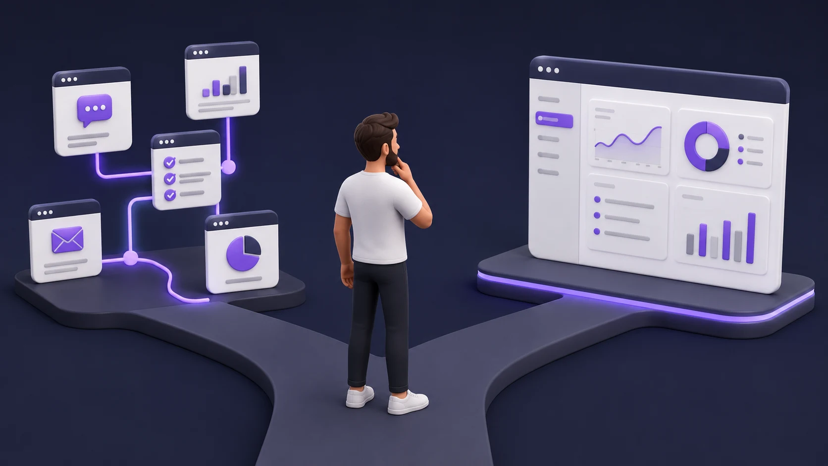 Pessoa em um cruzamento observando de um lado várias ferramentas conectadas por linhas e do outro uma única plataforma central, representando a decisão entre integrar ou trocar de sistema