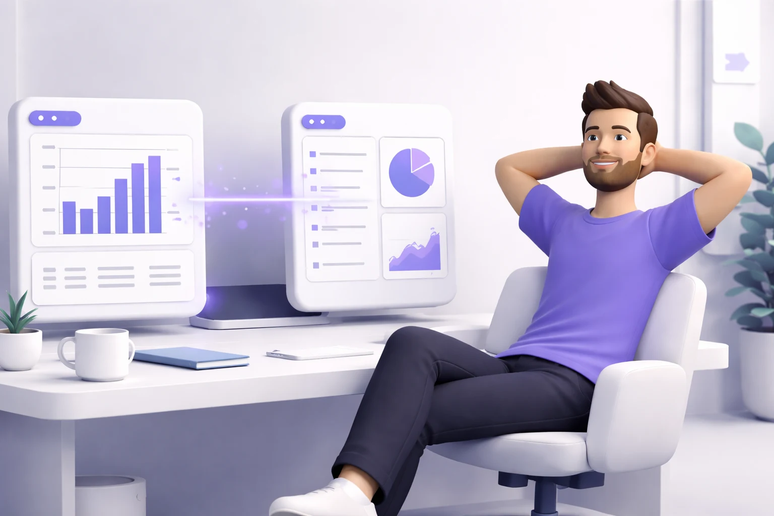 Pessoa relaxada observando dois painéis de aplicativos conectados por uma linha brilhante, com dados fluindo automaticamente entre eles, representando sistemas integrados