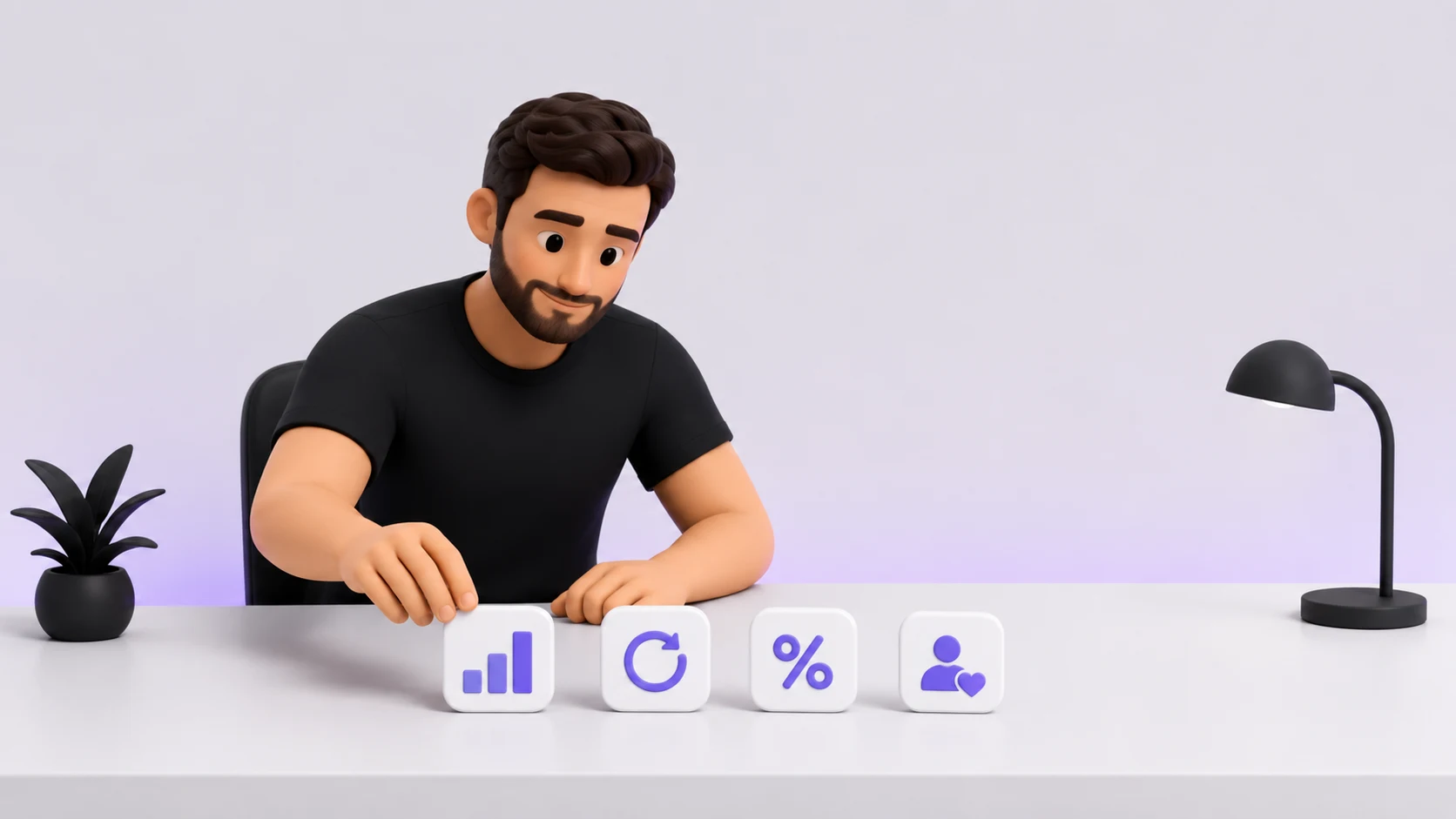Pessoa organizando quatro ícones simples representando receita, tempo de ciclo, taxa de erro e retenção de cliente sobre uma mesa, representando as categorias essenciais de KPI