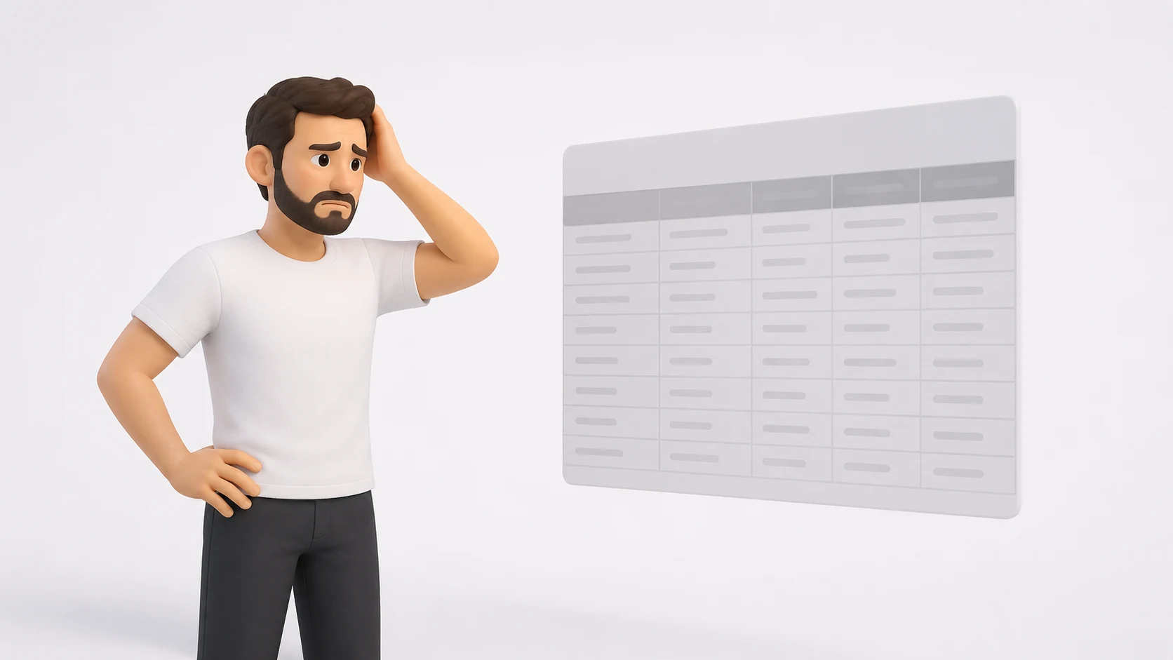 Pessoa frustrada olhando para uma planilha desatualizada com uma data antiga visível, representando o problema de KPIs mantidos manualmente que ficam atrasados