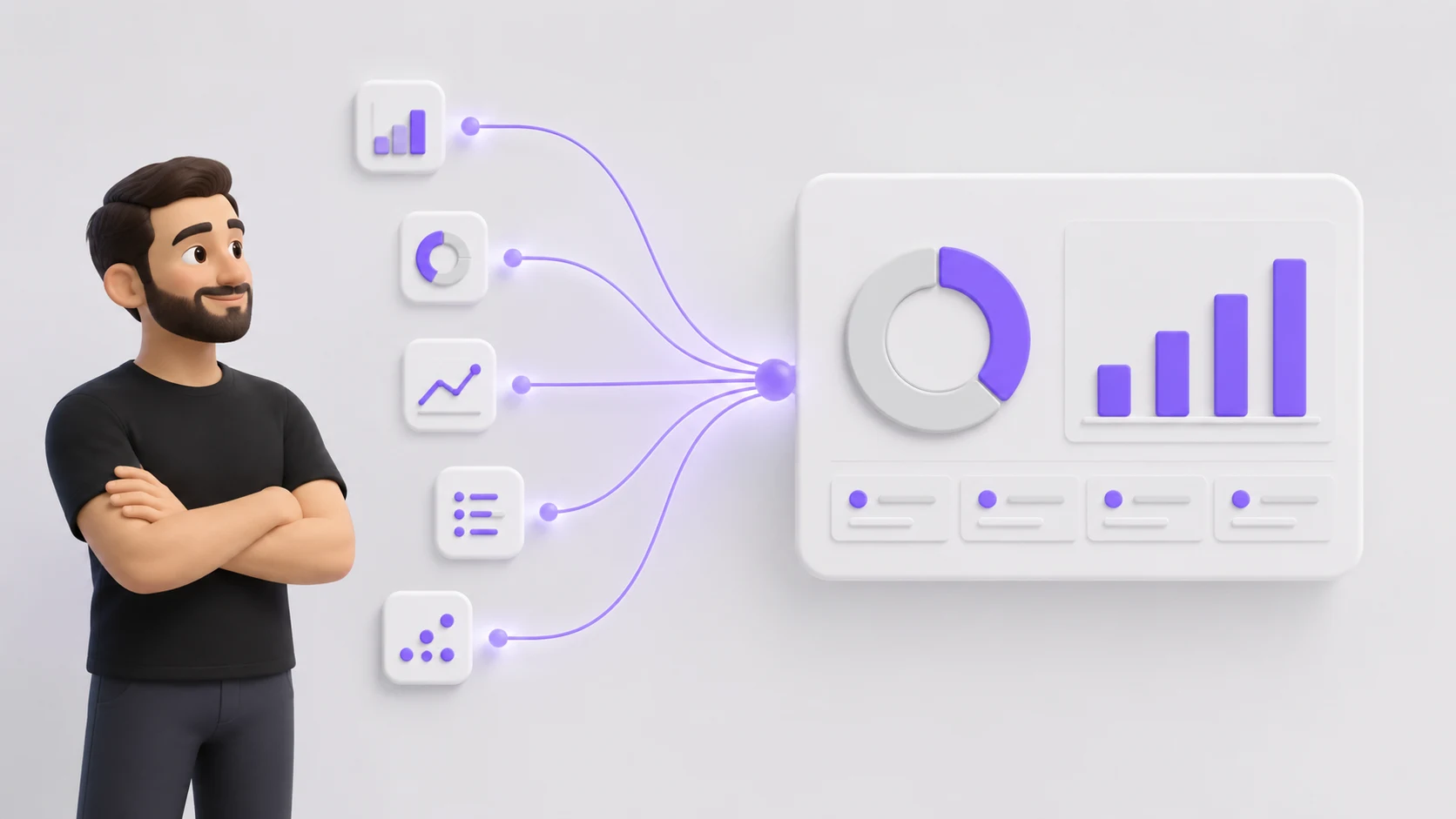 Pessoa confiante observando dados fluindo automaticamente de várias fontes para um único painel central limpo, representando KPIs automatizados e centralizados