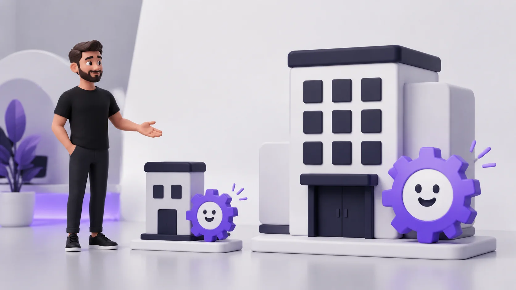 Pequena empresa estilizada com uma engrenagem simples girando, lado a lado com um prédio corporativo grande, representando que automação não é exclusiva de empresa grande
