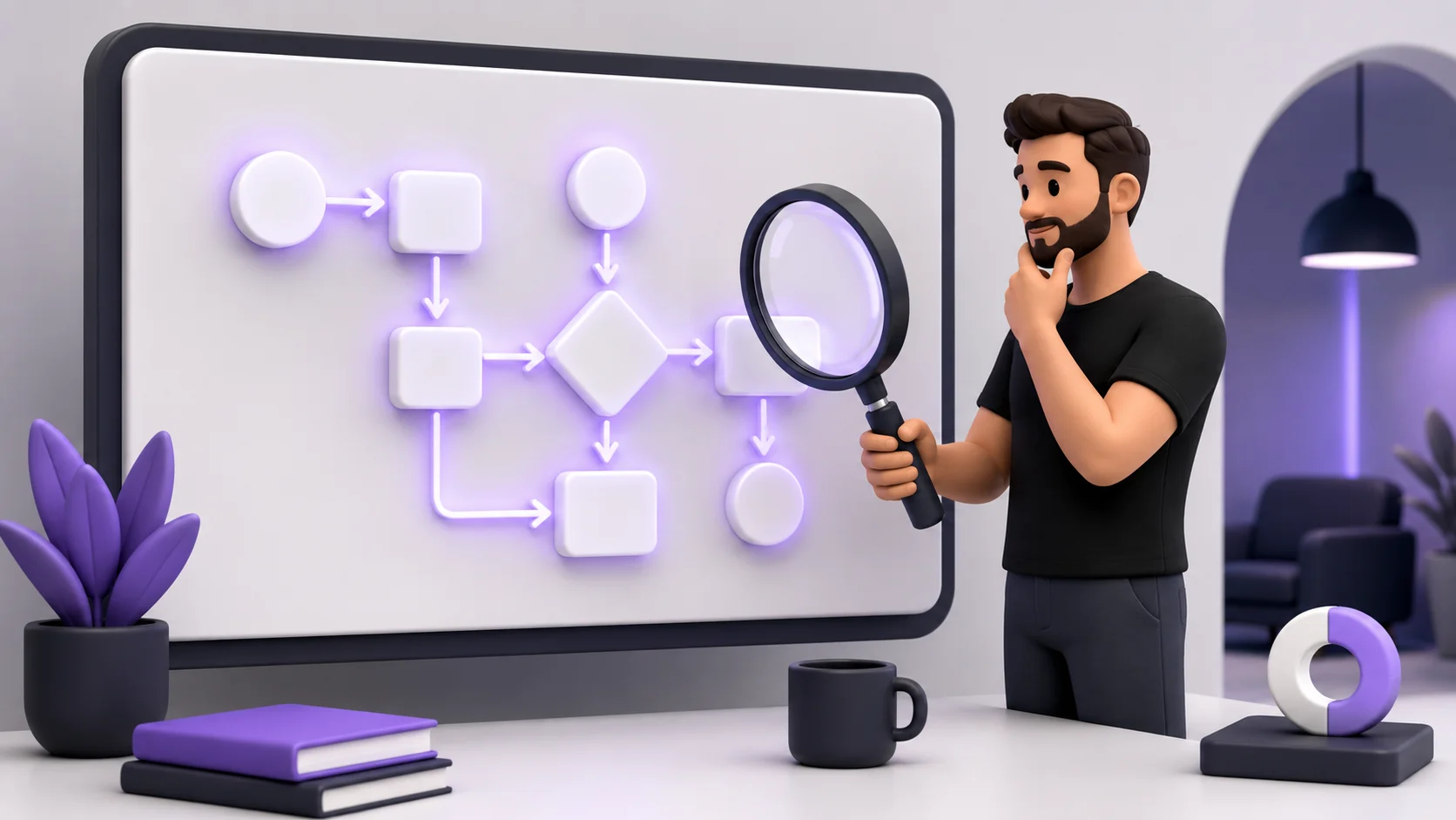 Pessoa confiante com uma lupa examinando o processo real de uma empresa antes de escolher qualquer tecnologia, representando diagnóstico como antídoto para os mitos