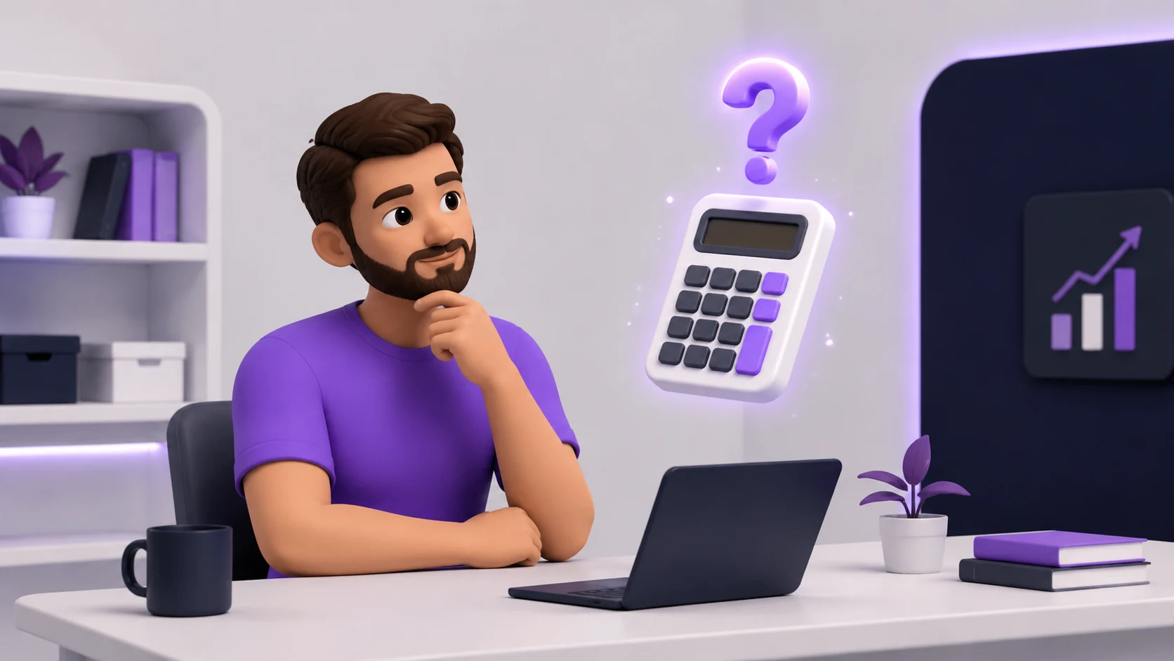 Pessoa sentada à mesa observando uma calculadora flutuante com um sinal de interrogação brilhante, representando a pergunta sobre o retorno de um investimento em tecnologia