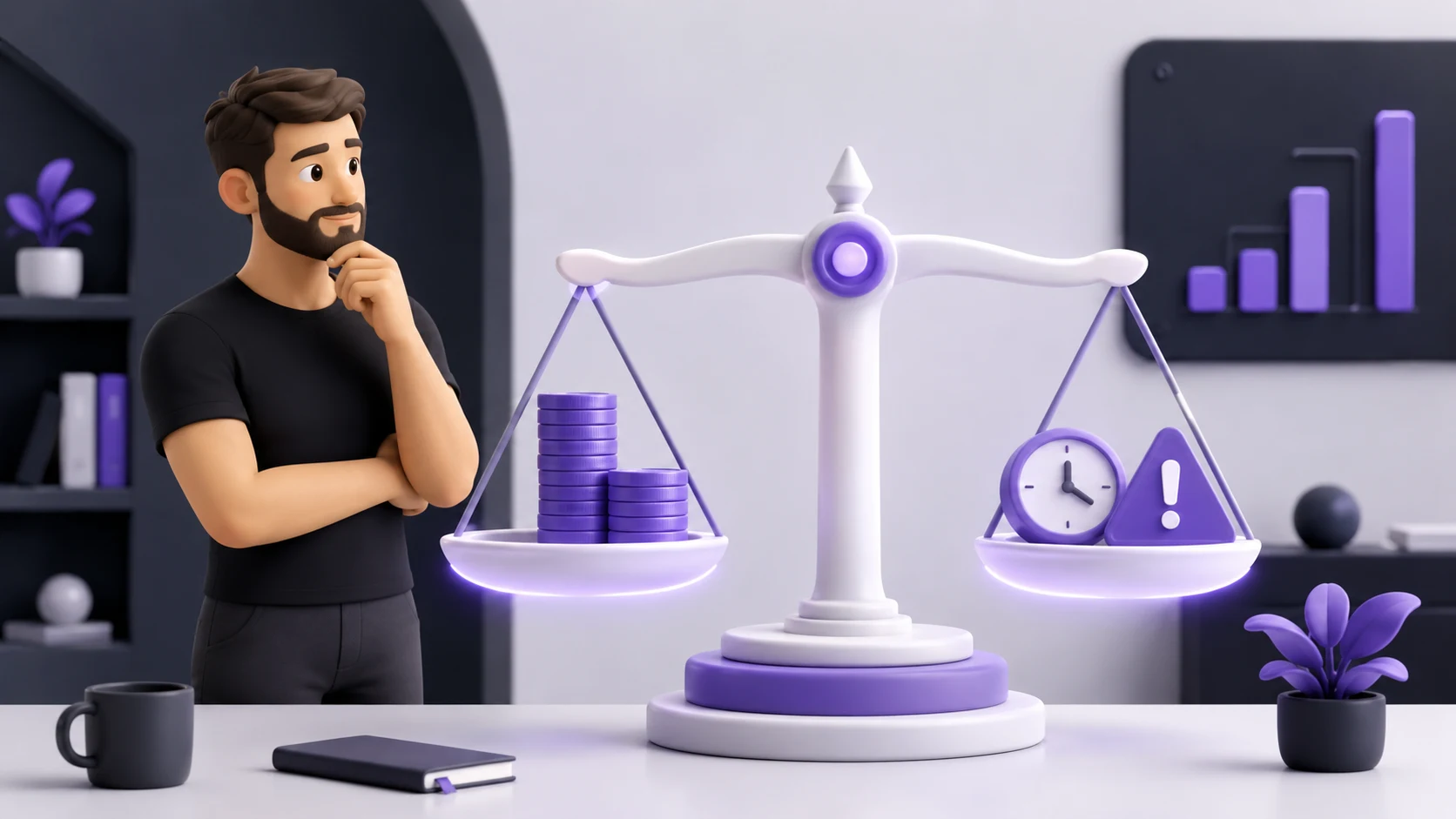 Pessoa observando uma balança equilibrando moedas de um lado e um relógio com um ícone de erro do outro, representando o equilíbrio entre custo do projeto e custo evitado