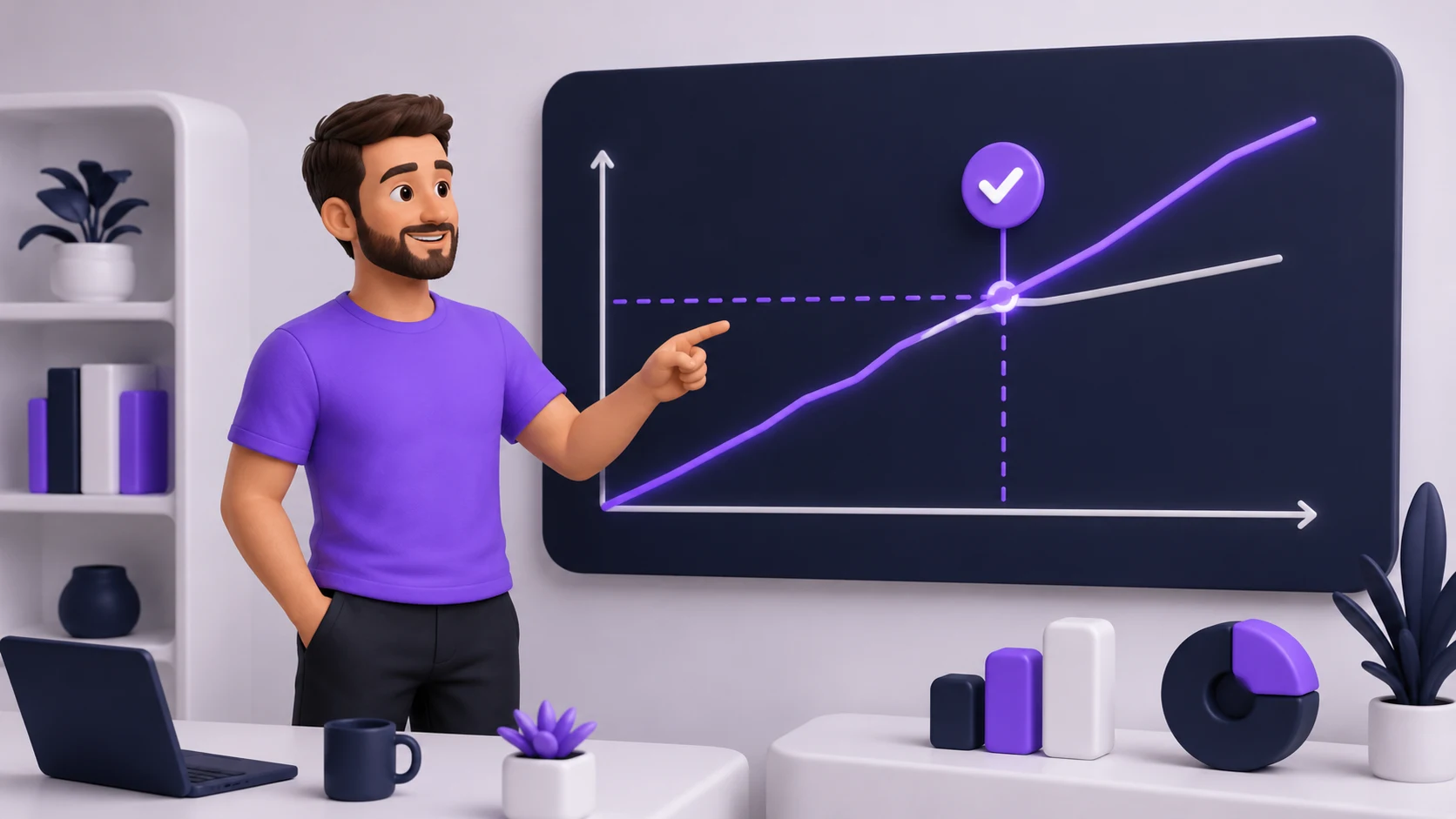 Pessoa confiante observando um gráfico simples de linha do tempo mostrando o ponto em que o investimento se paga, com um ícone de check no momento do retorno