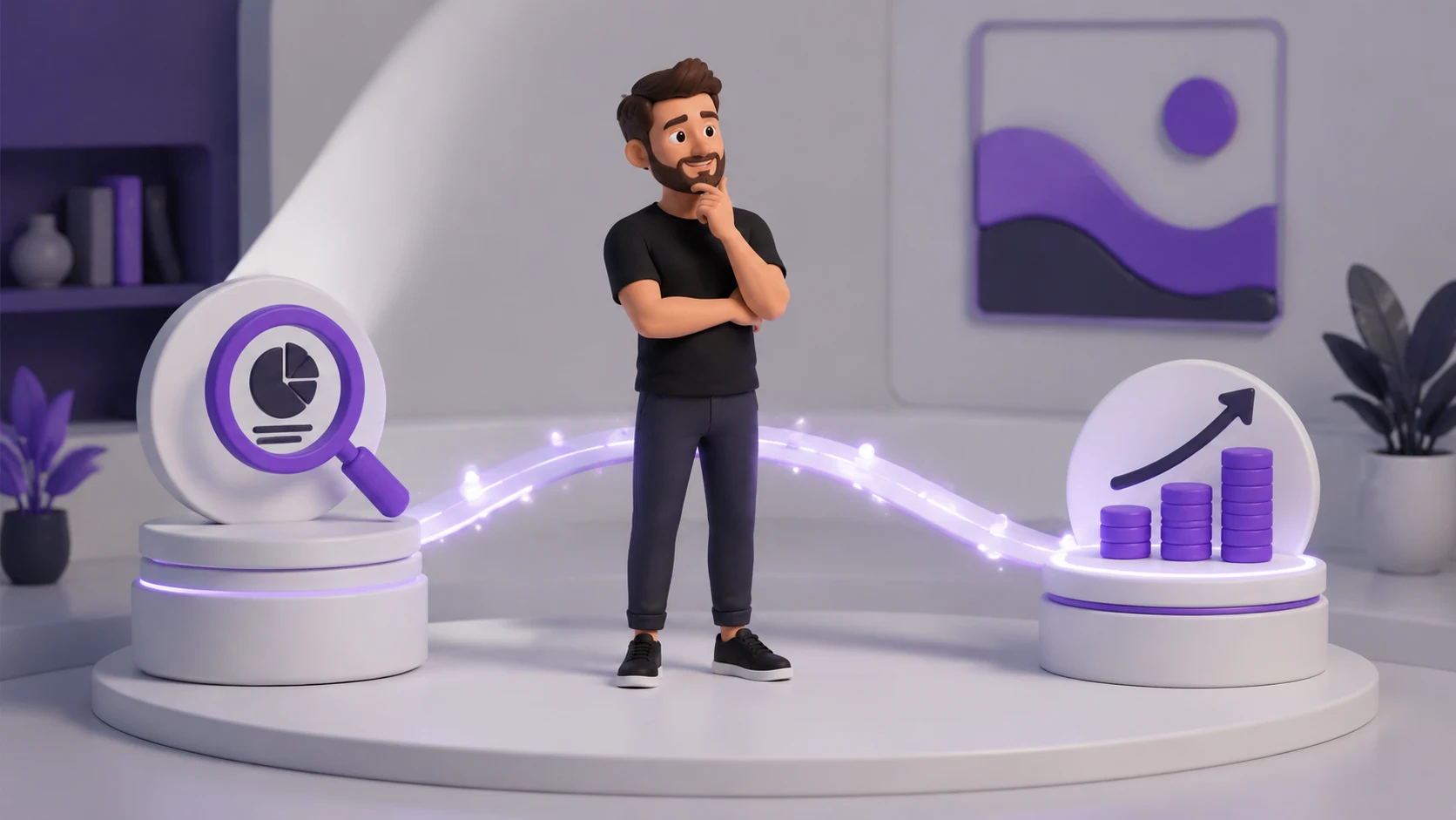 Pessoa relaxada observando um caminho claro entre um ponto de diagnóstico e um ponto de retorno financeiro, representando uma decisão de investimento bem fundamentada