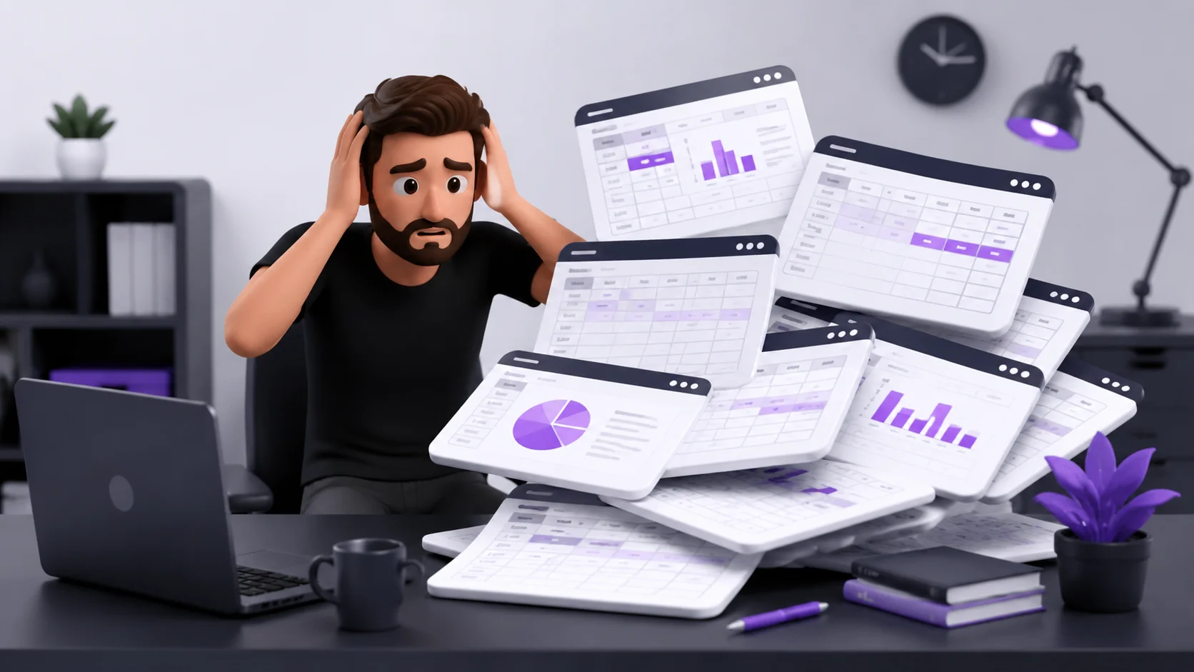 Pessoa estressada olhando para várias planilhas abertas e sobrepostas na tela de um computador