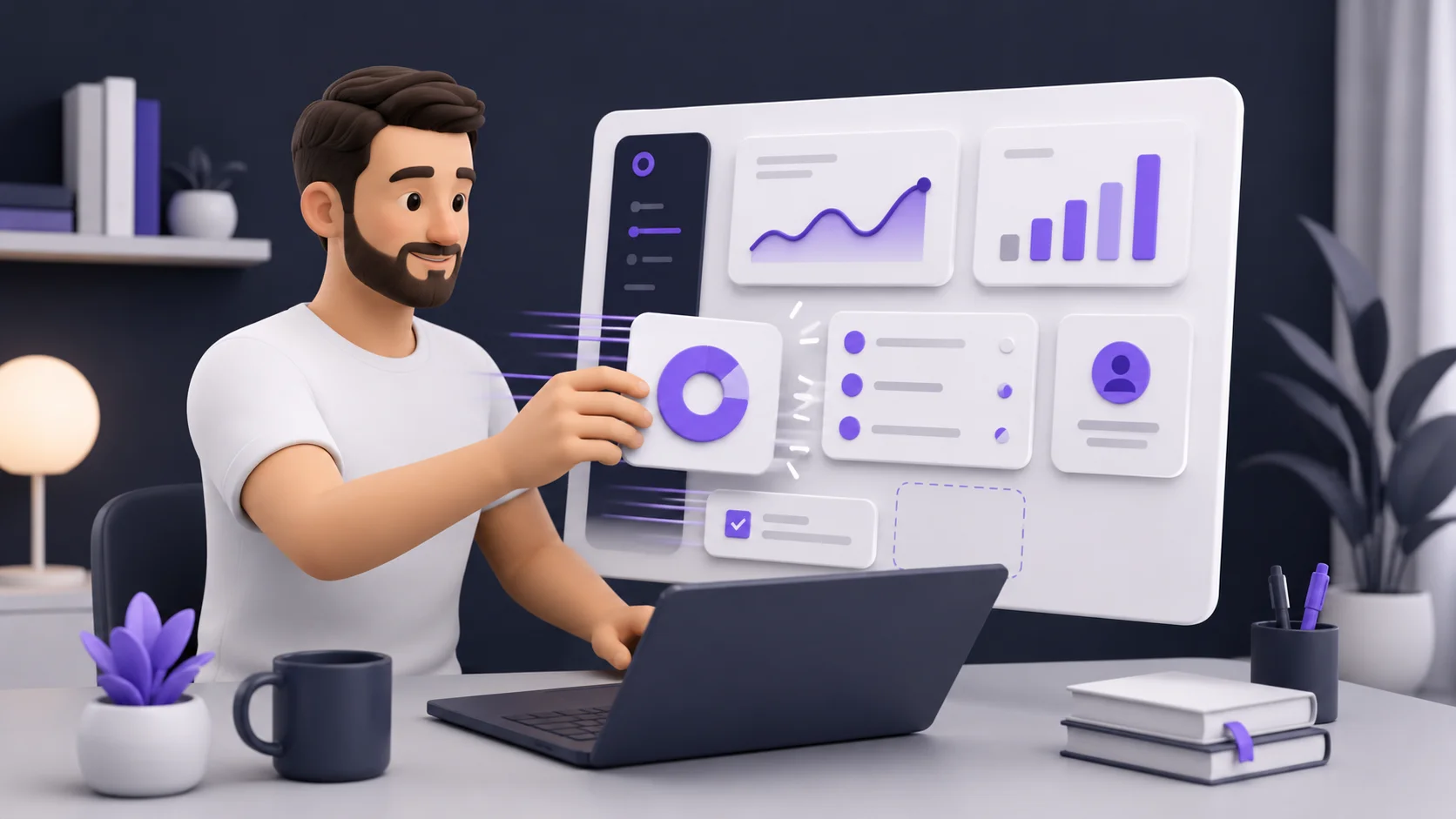 Pessoa configurando rapidamente um painel de software pronto em um laptop, com ícones de módulos prontos para usar