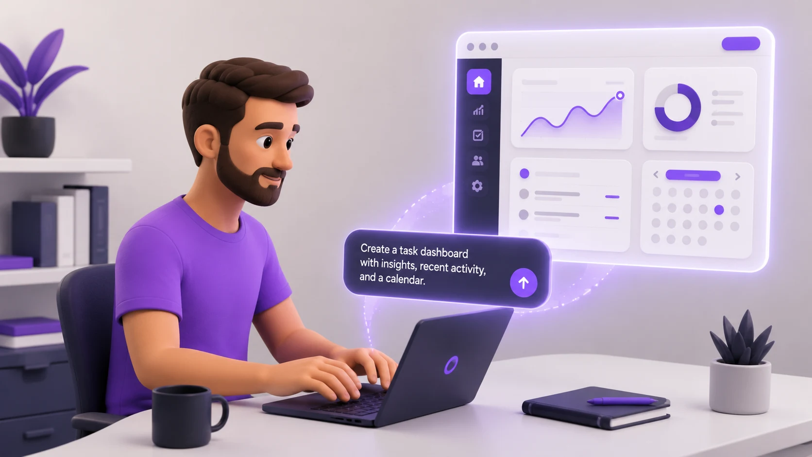 Pessoa digitando um comando em linguagem natural para uma IA generativa, com uma interface de aplicativo aparecendo na tela em resposta, representando vibe coding