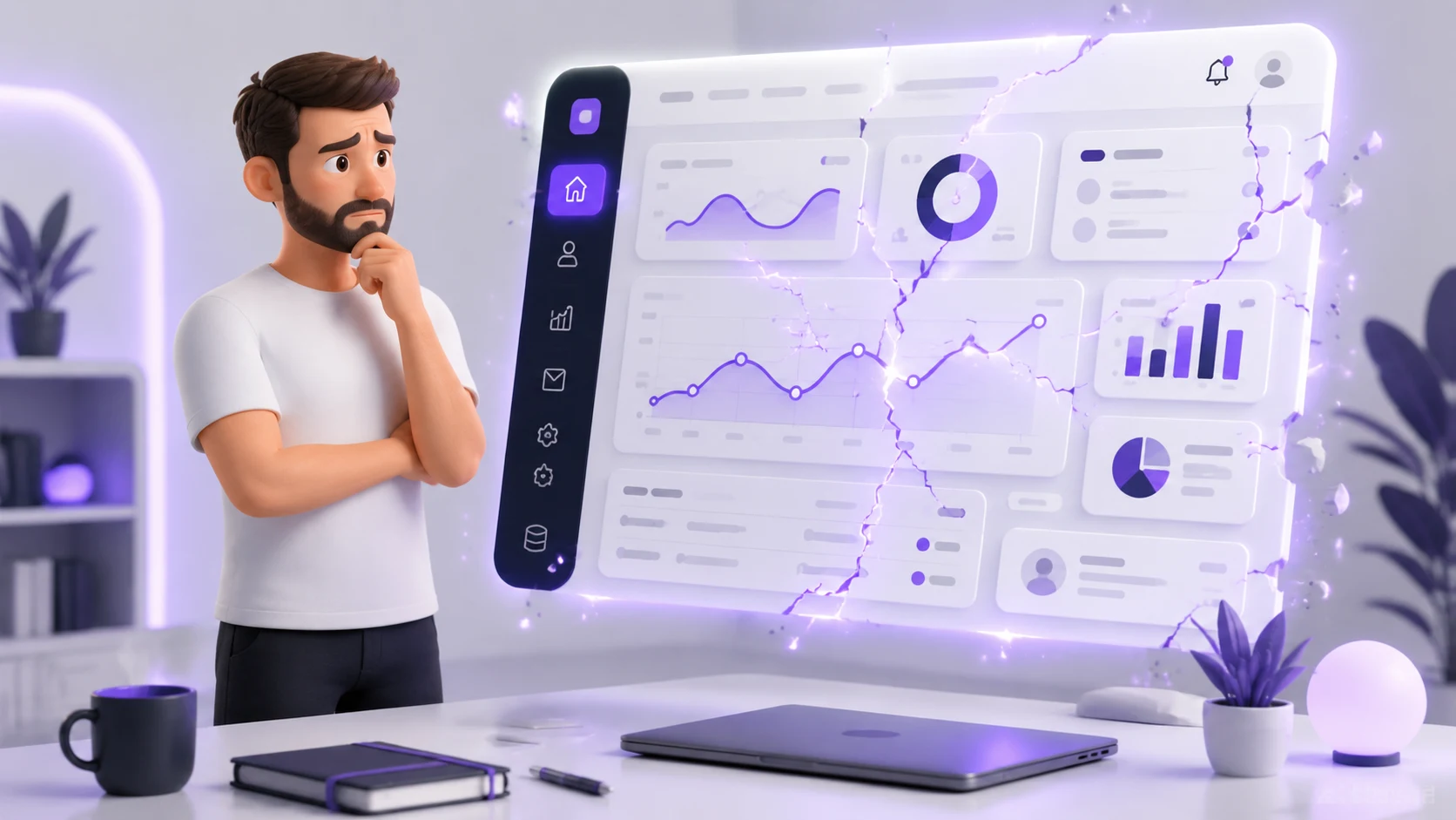 Pessoa preocupada olhando para um painel de aplicativo com pequenas rachaduras brilhantes se formando, representando os limites do vibe coding em produção